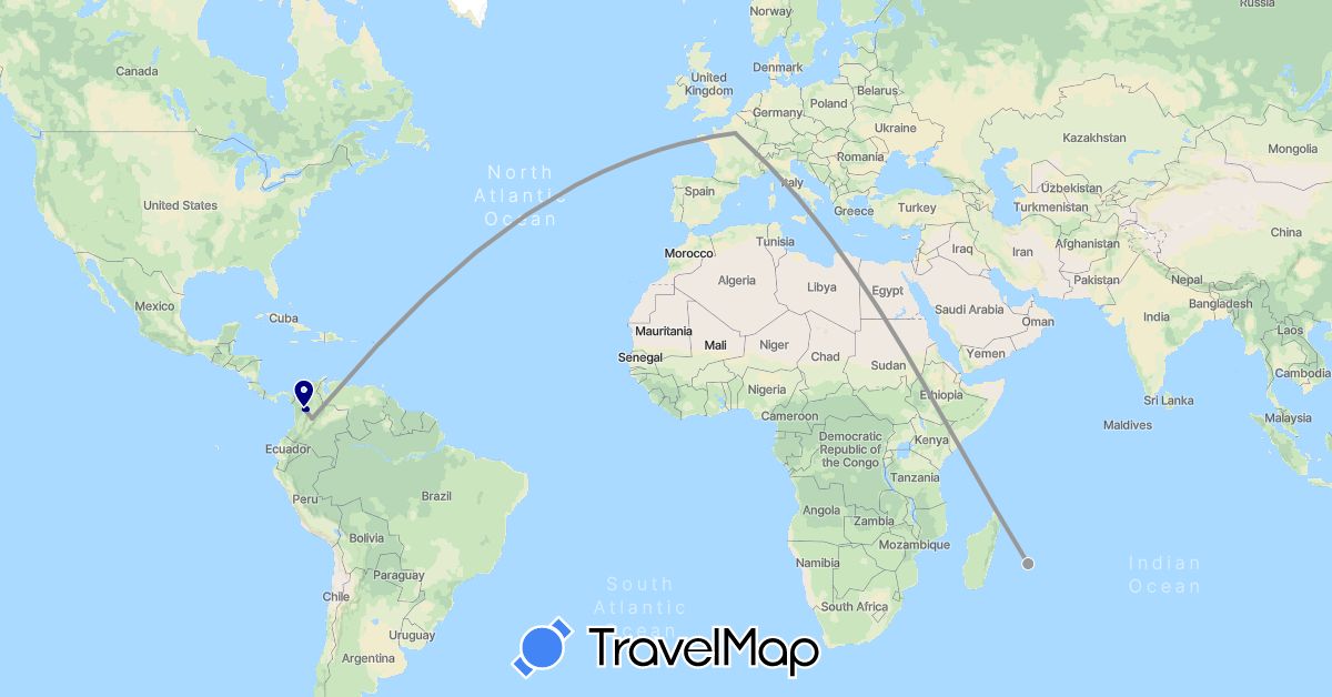 TravelMap itinerary: driving, plane in Colombia, France (Europe, South America)